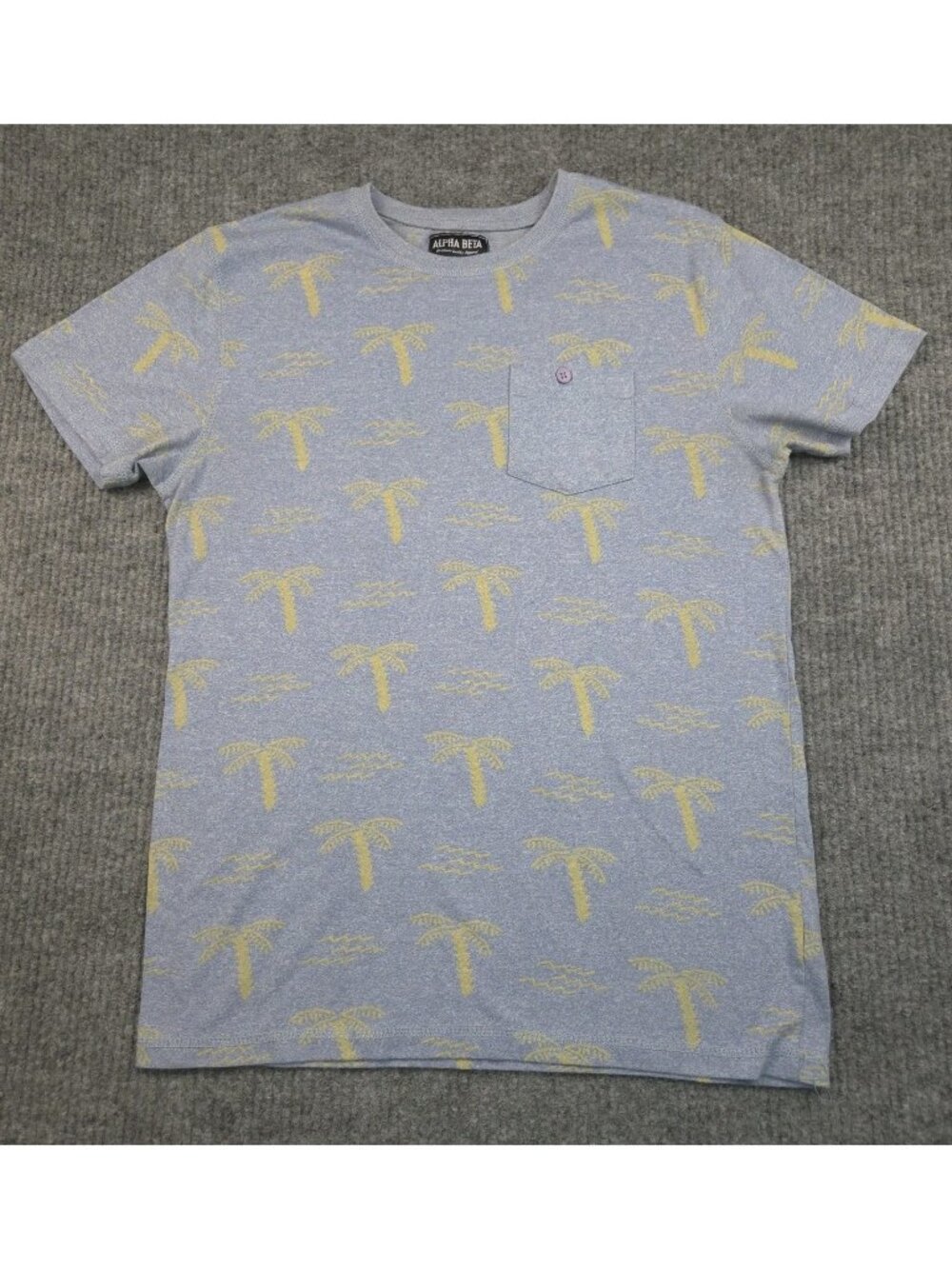 Alpha Beta T-Shirt Men's M Heather Blue w/Yellow Palm Tree Print Chest Pocket